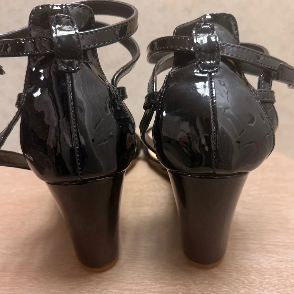 Kelly & Katie 10 Womens Black Classic Patent Wedge Double Ankle Strap Sandal